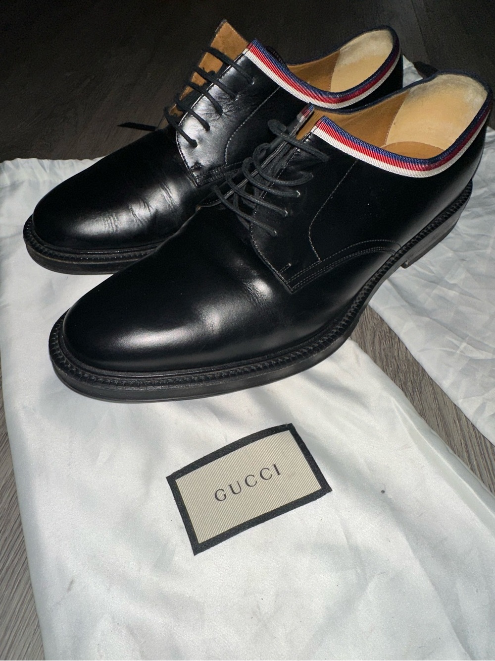 GUCCI Black Leather Navy Signature Web Lace-up Dress Shoes Size 10